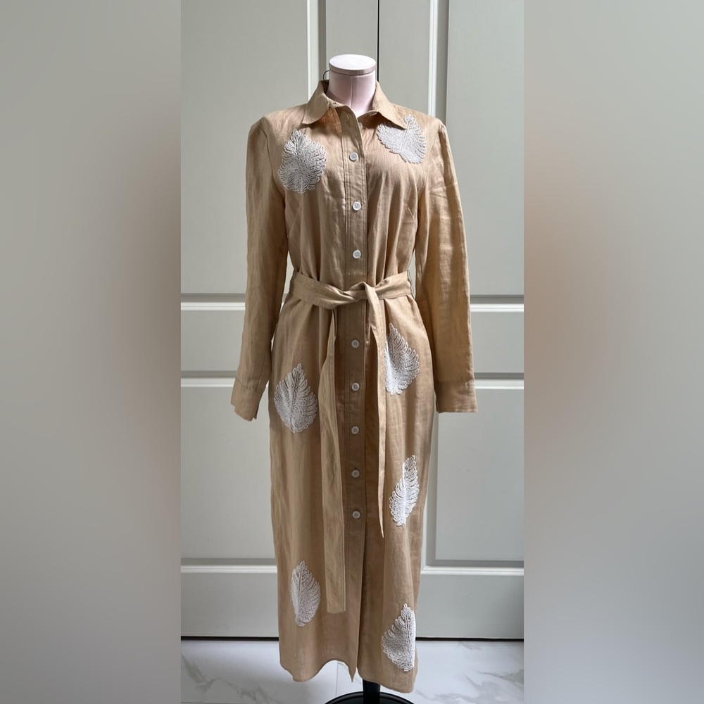 Zara Beige Long-Sleeve Embroidered Shirt Dress NWOT